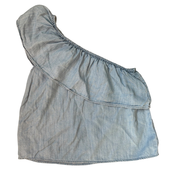 American Eagle Light Blue Denim One Shoulder Ruffled Jean Shirt Lyocell SIZE XS - Picture 3 of 9